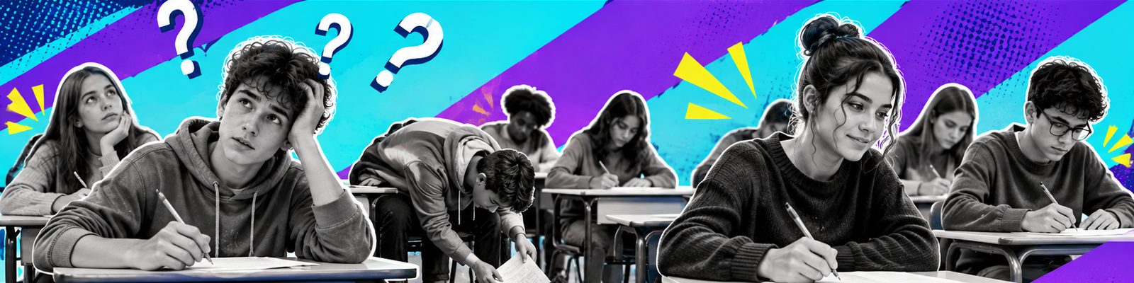 Une salle d’examen : à gauche, des élèves perdus ; à droite, des élèves sereins