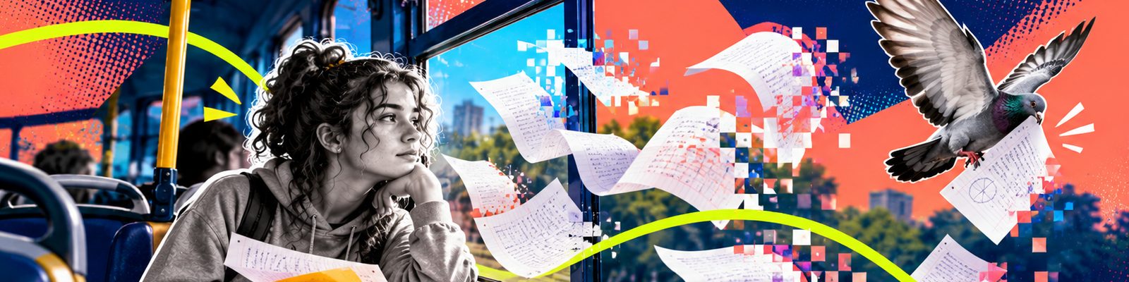 Une lycéenne dans le bus regarde ses fiches de cours s’envoler par la fenêtre