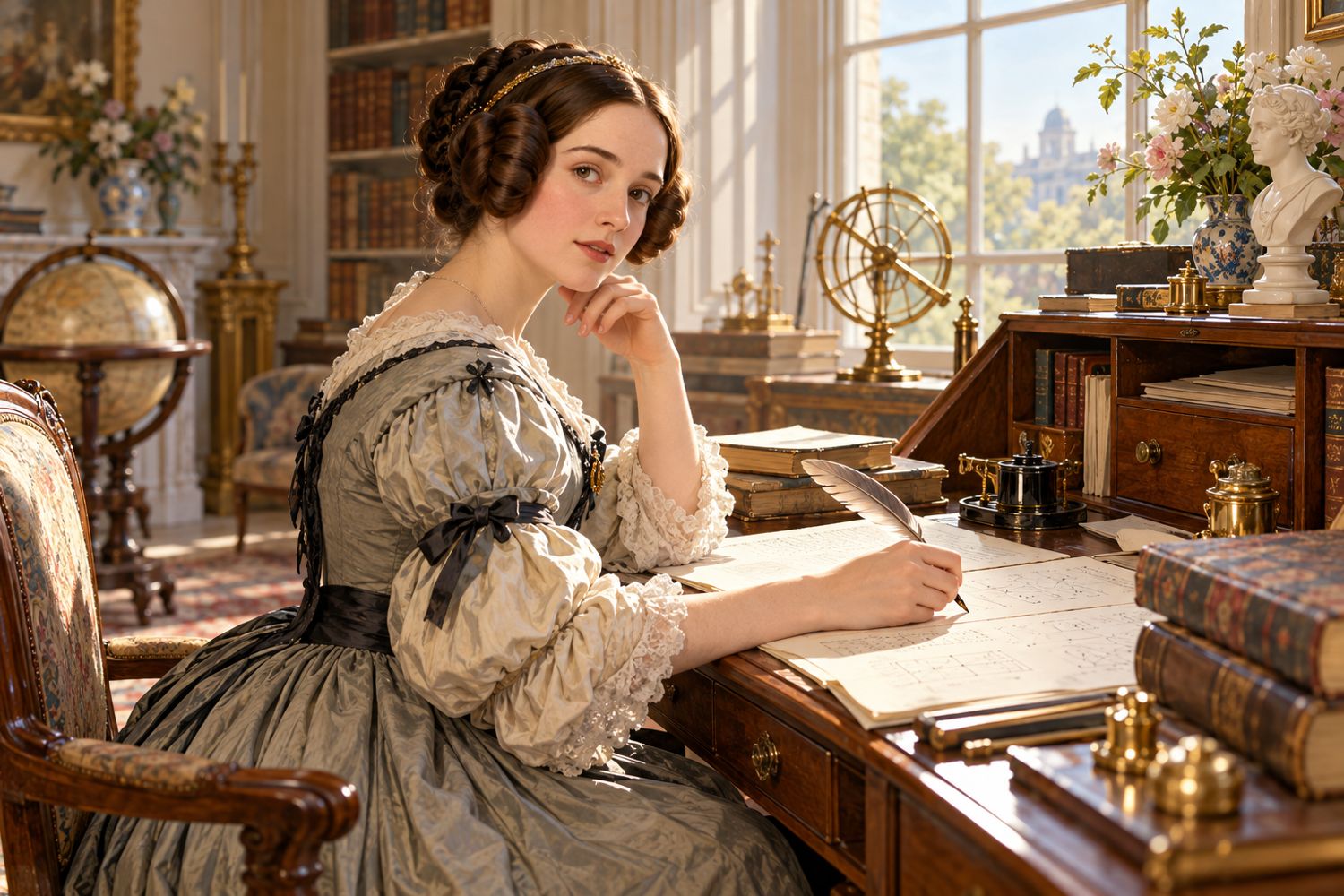 Ada Lovelace jeune femme, assise à un secrétaire couvert de papiers de mathématiques.