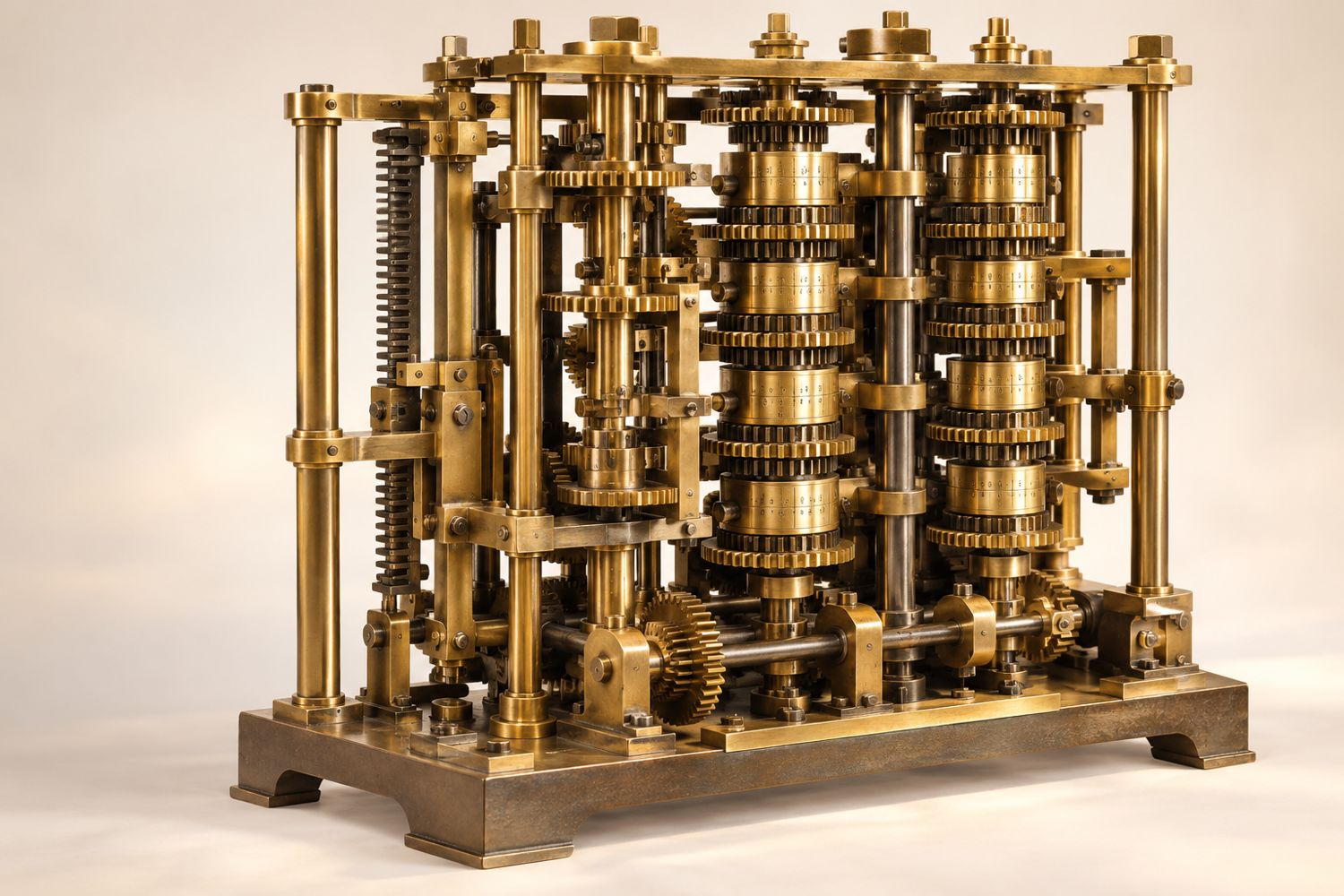 Le fragment de la machine à différences : colonnes de roues en laiton gravées de chiffres.