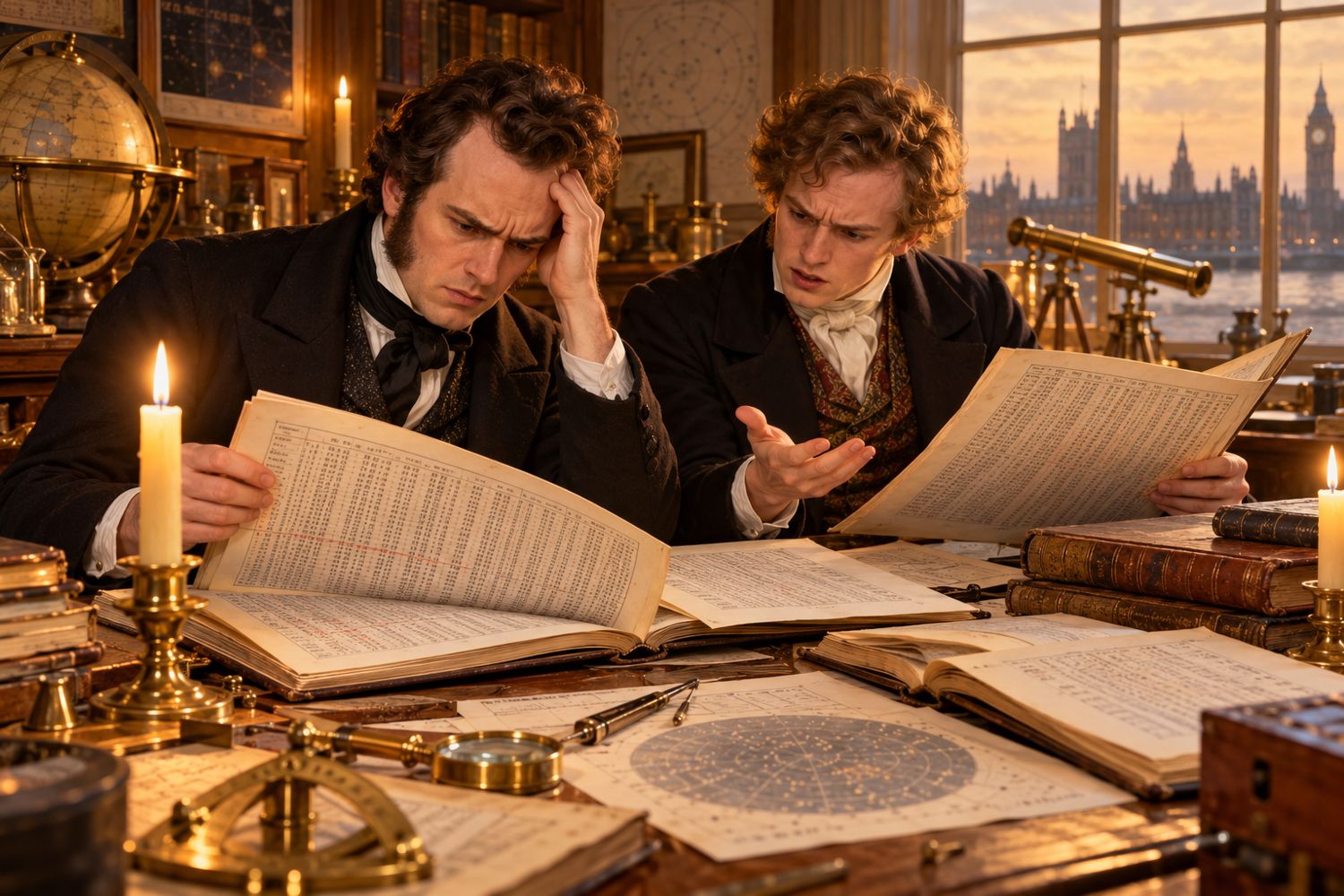 Babbage et Herschel comparant deux cahiers de tables à la bougie.