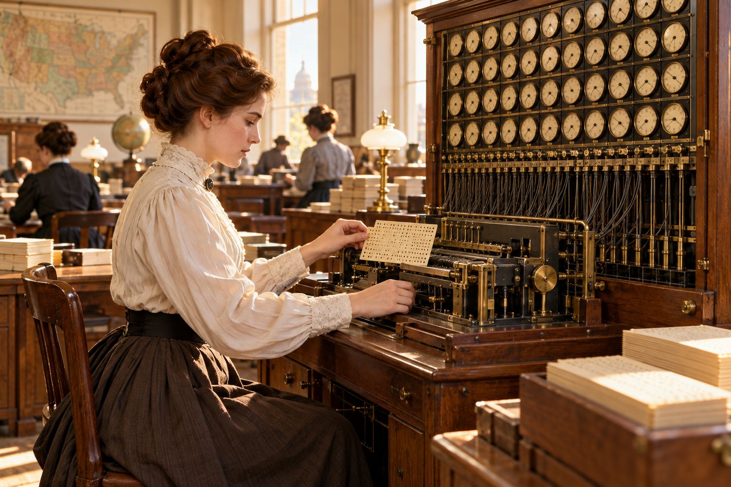 Une employée du recensement de 1890 utilisant la machine à statistiques de Hollerith.