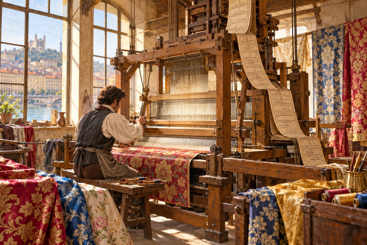 Un atelier de canut lyonnais avec un métier Jacquard et sa chaîne de cartes perforées.