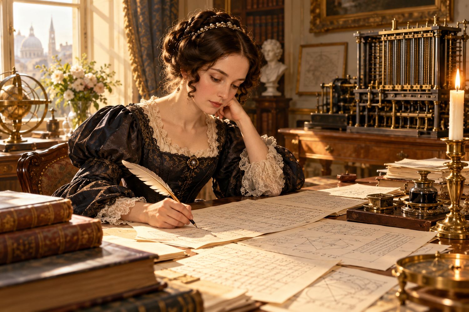 Ada Lovelace écrivant ses notes à la plume, à la lumière d’un chandelier.