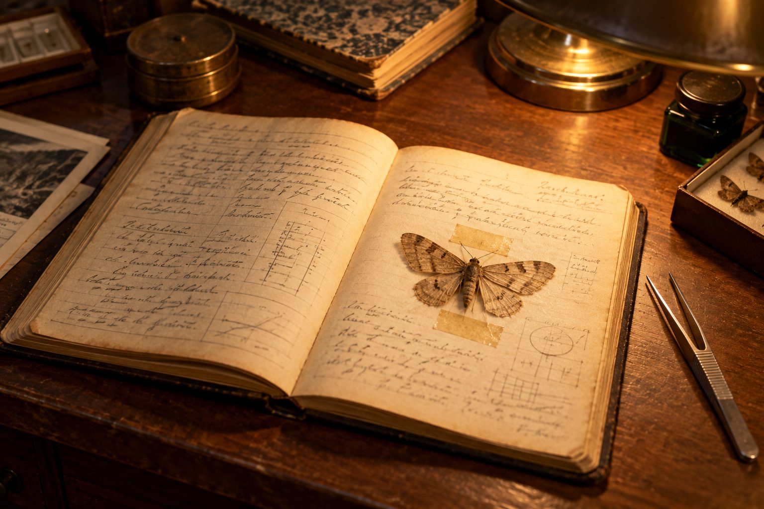 Un cahier de bord avec une mite collée sur la page.