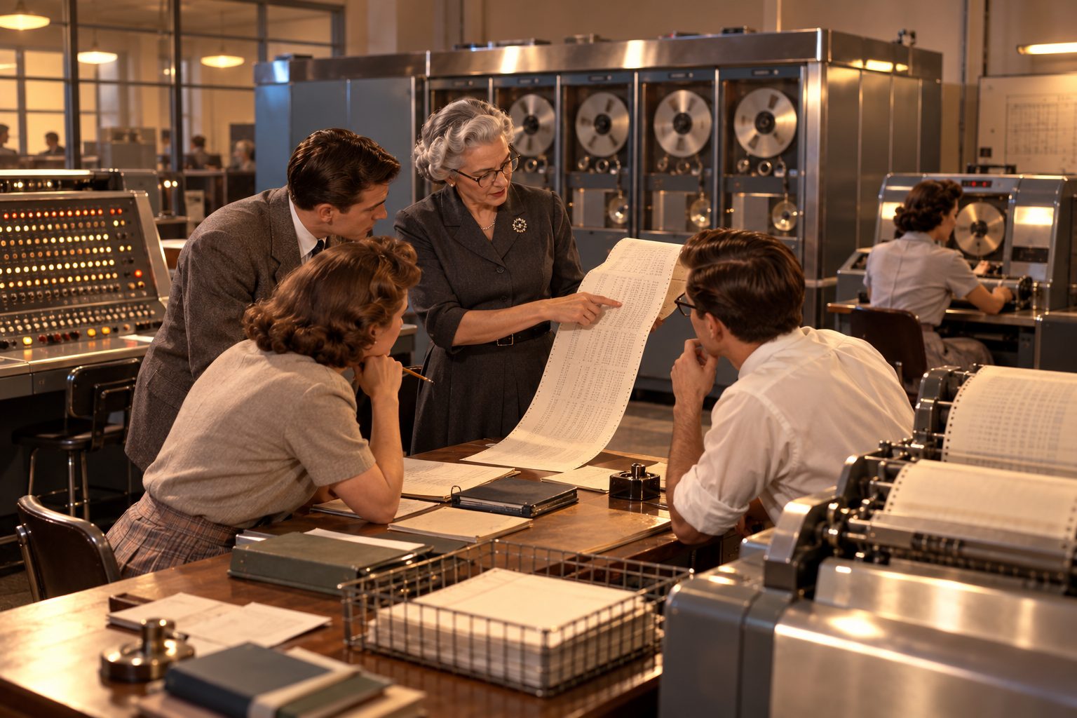 Une programmeuse montre un listing à de jeunes collègues devant un UNIVAC.