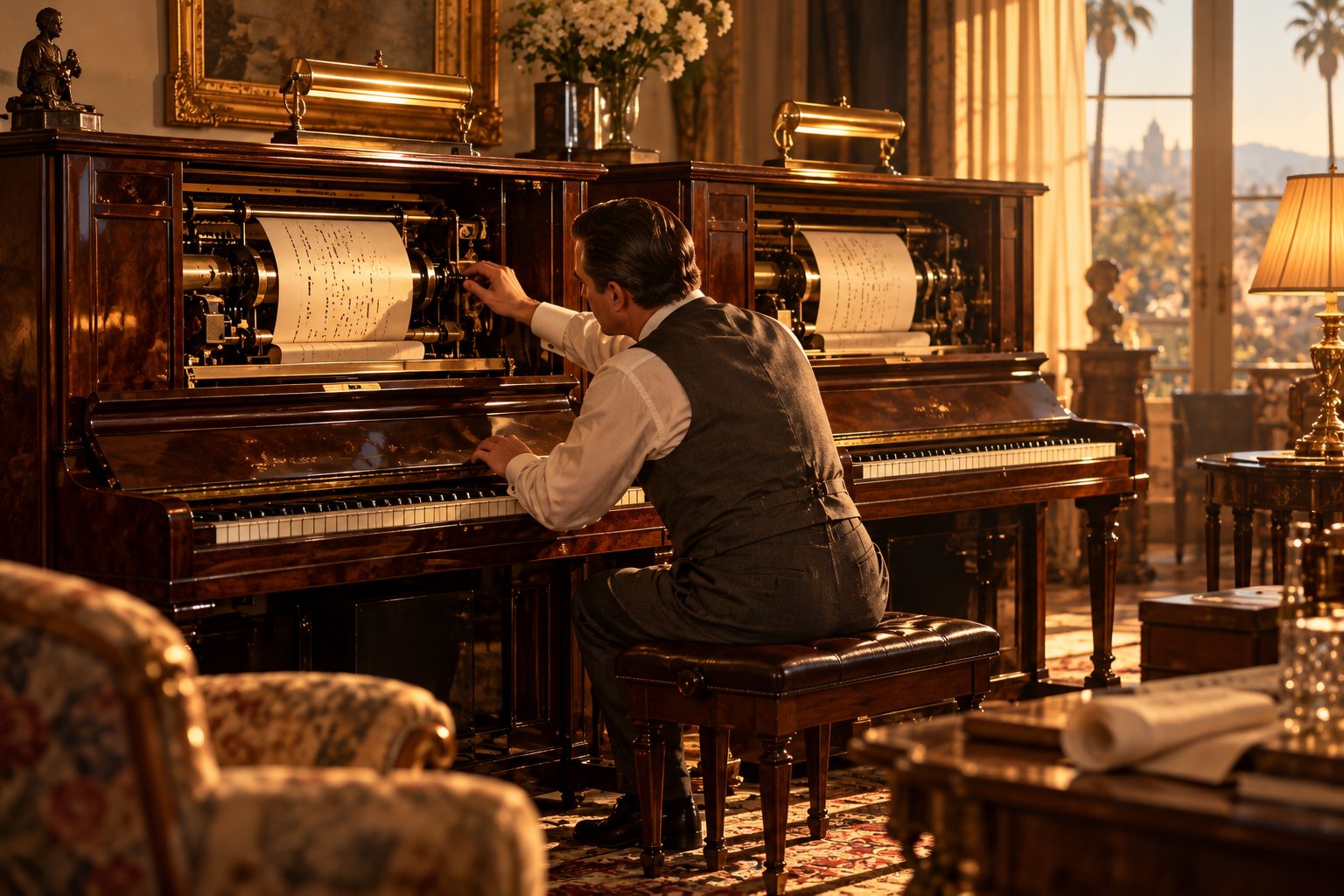 Deux pianos mécaniques dont les rouleaux défilent en même temps.