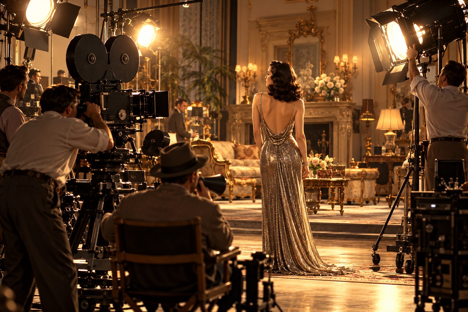 Un plateau de cinéma hollywoodien en 1940, une actrice sous les projecteurs.