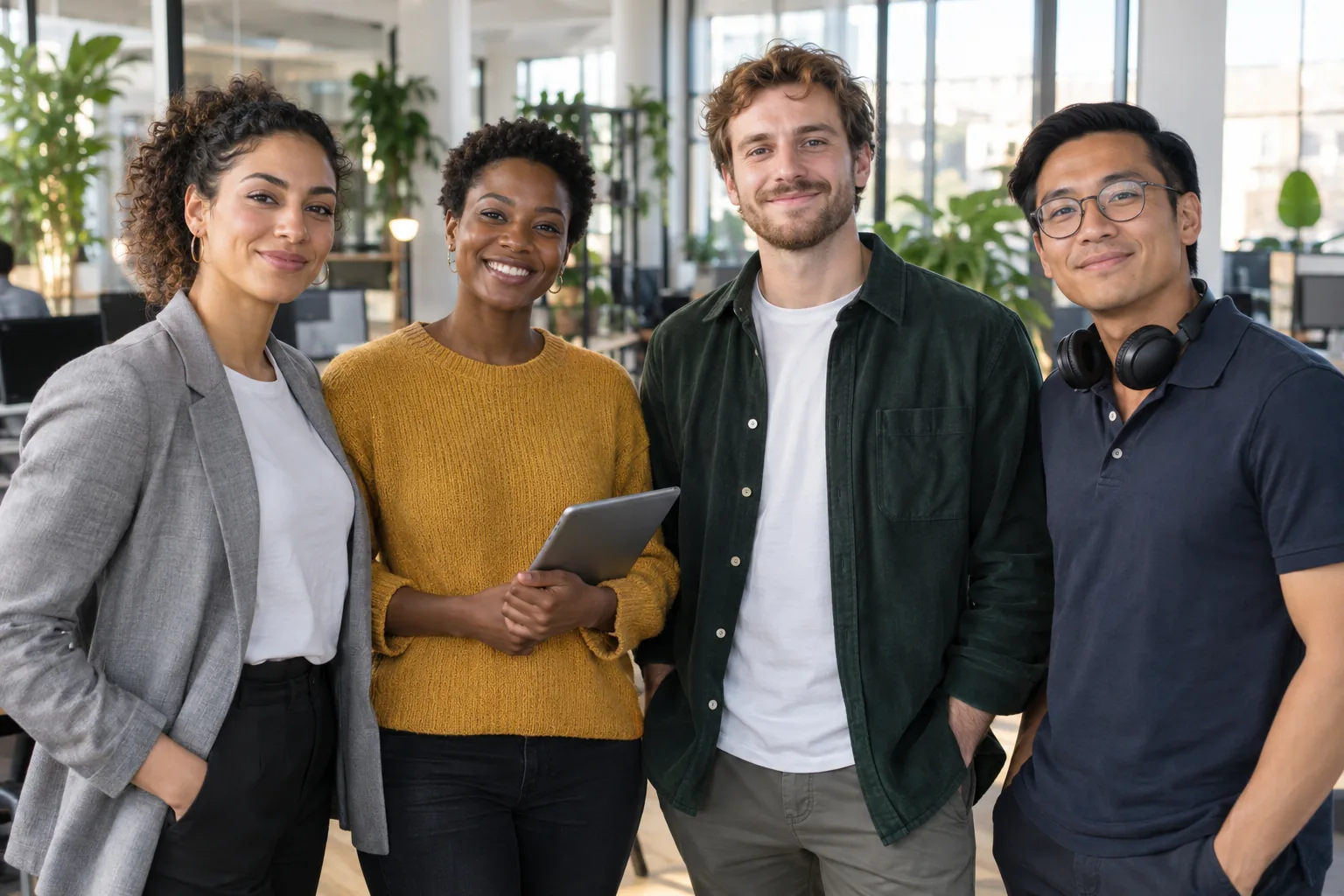 Quatre jeunes professionnels du numérique, debout dans un grand espace de travail lumineux, se tournent vers toi.
