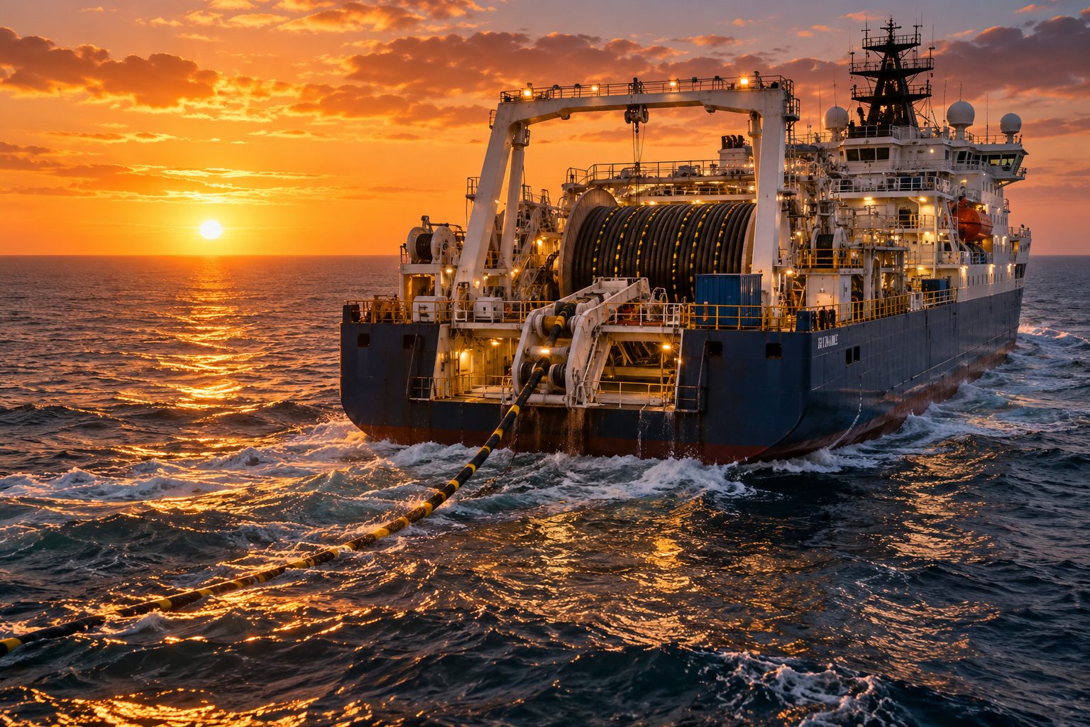 Un navire câblier déroule un câble sous-marin au soleil couchant.