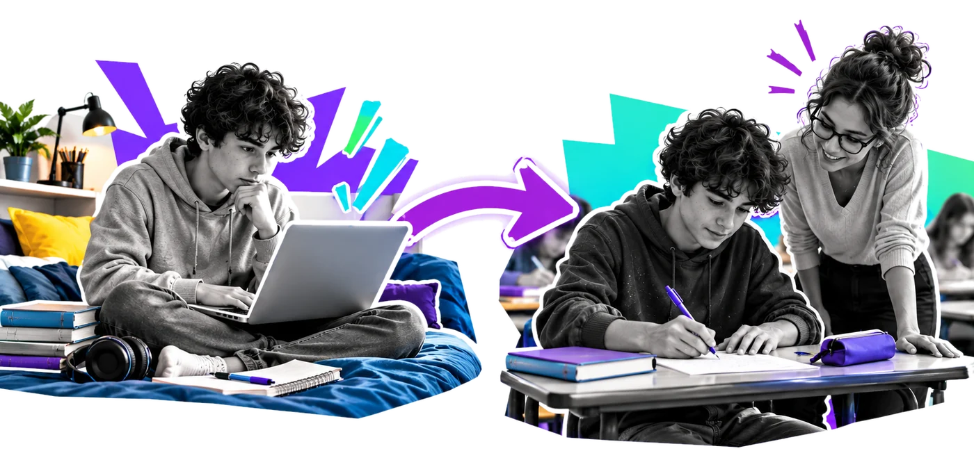 À gauche, un élève révise chez lui ; à droite, le même élève rédige en classe, l’enseignante à côté.