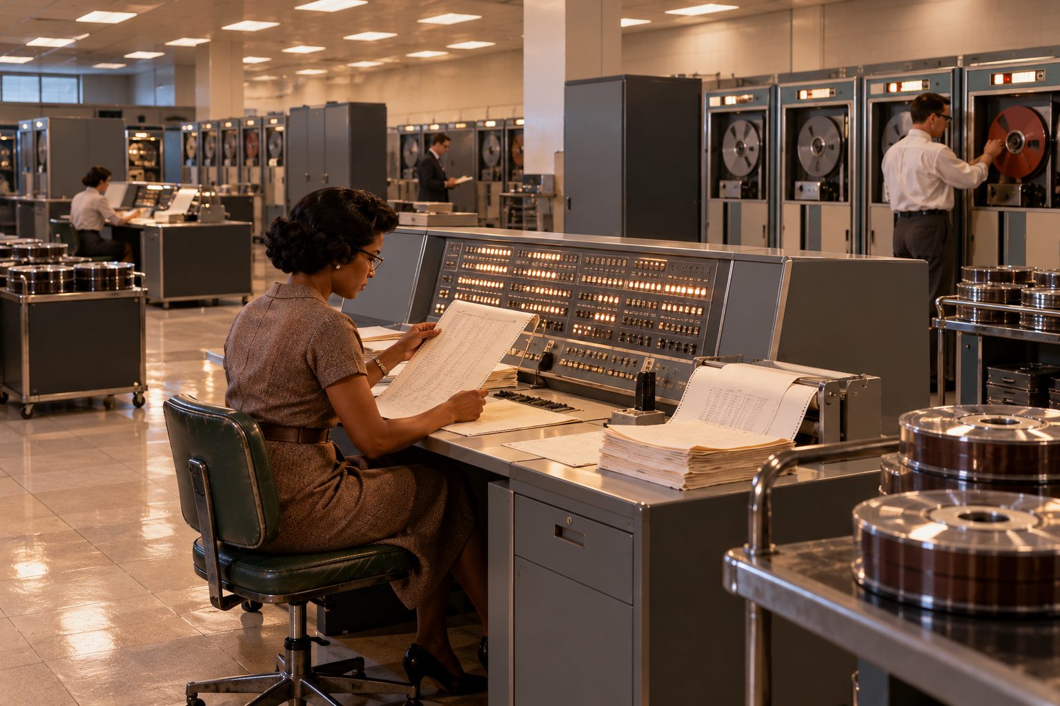 Une salle d’ordinateur IBM 7090, une femme consulte un listing.