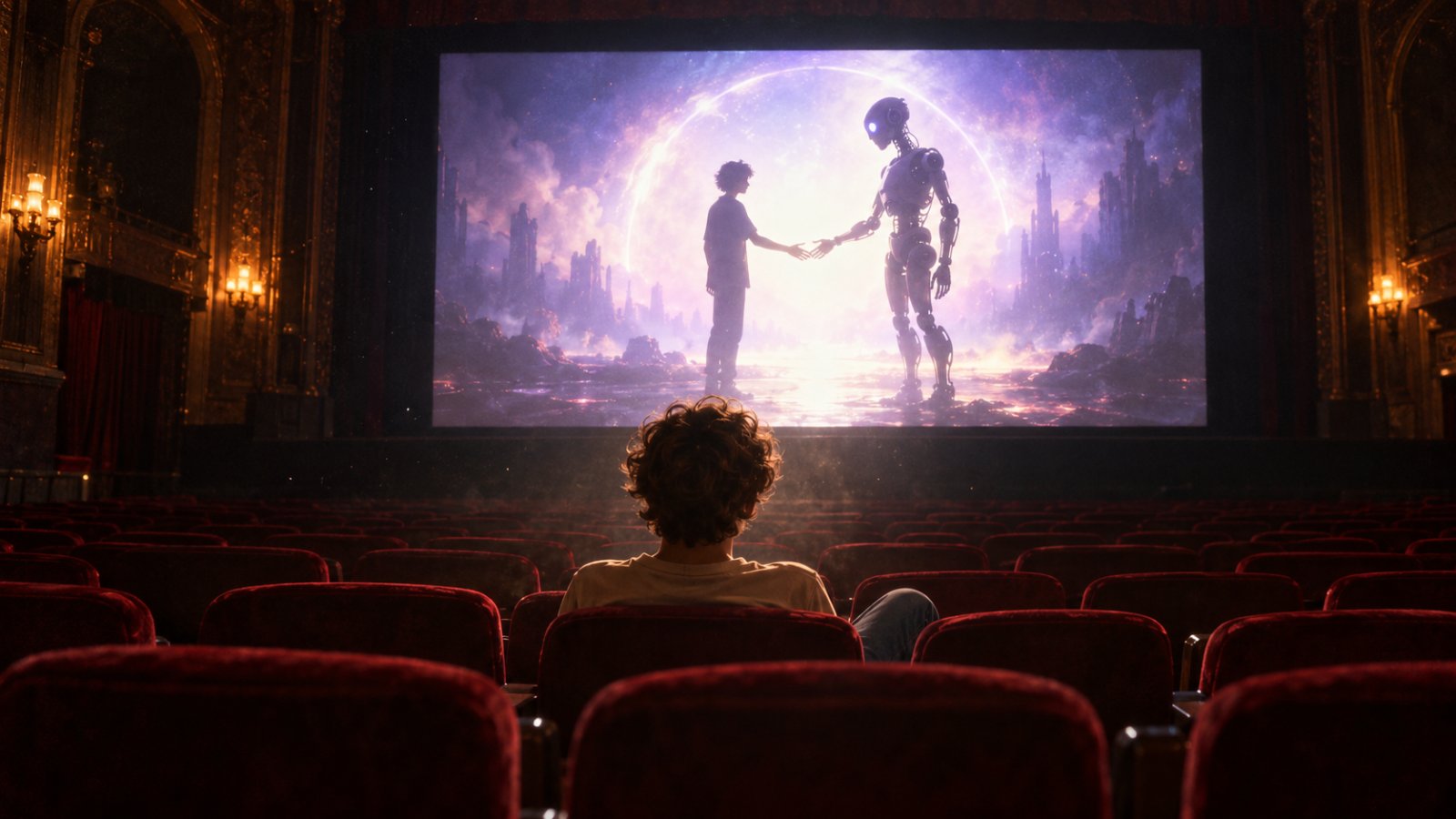 Un adolescent seul dans une salle de cinéma regarde un humain et un robot se tendre la main sur l’écran.