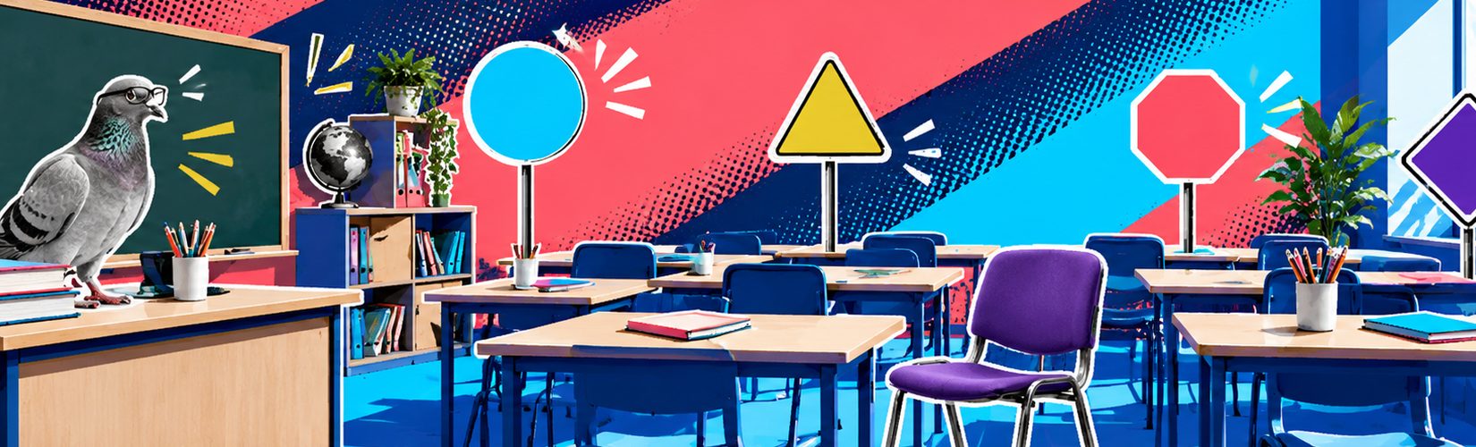 Une salle de classe rangée, des panneaux de signalisation sur les tables et un pigeon à lunettes sur le bureau