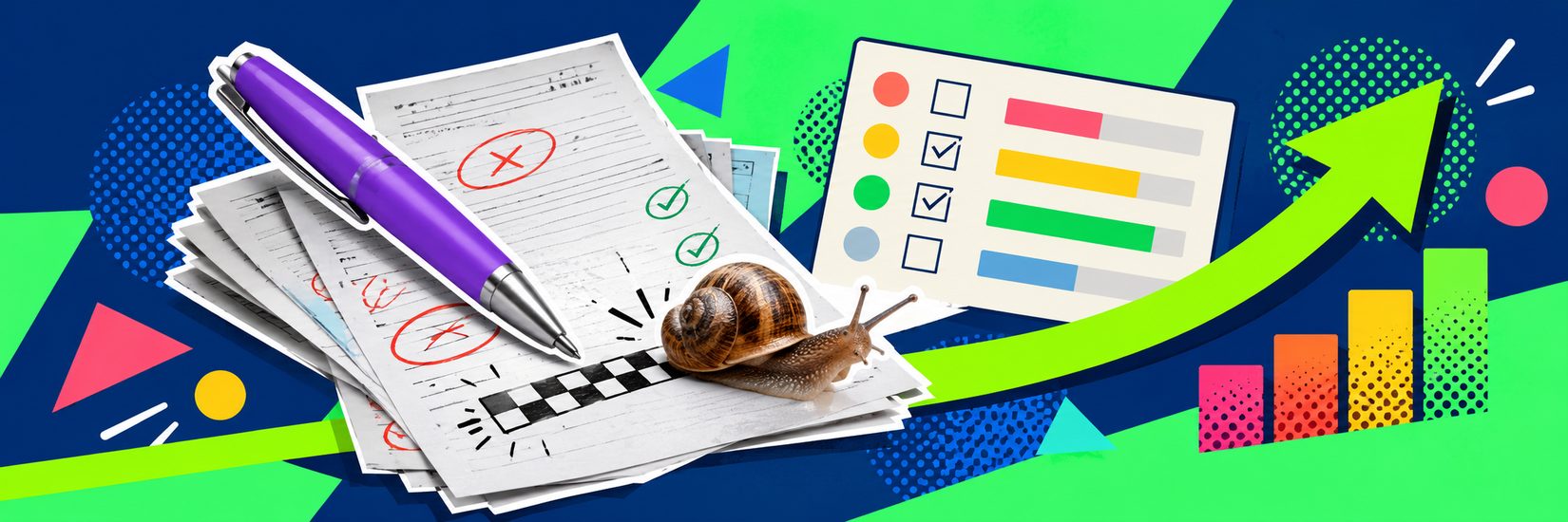 Des copies annotées, un stylo violet, une grille critériée et une flèche de progrès qui monte