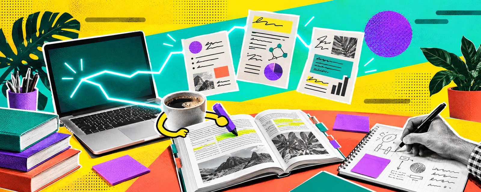 Un bureau : un ordinateur relié à trois fiches de cours, un manuel surligné par une tasse de café qui a des bras