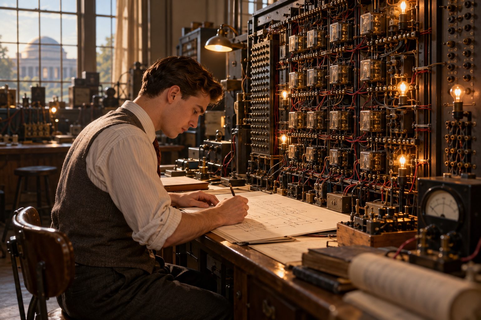 Un jeune chercheur devant un tableau de relais et d’ampoules au MIT.