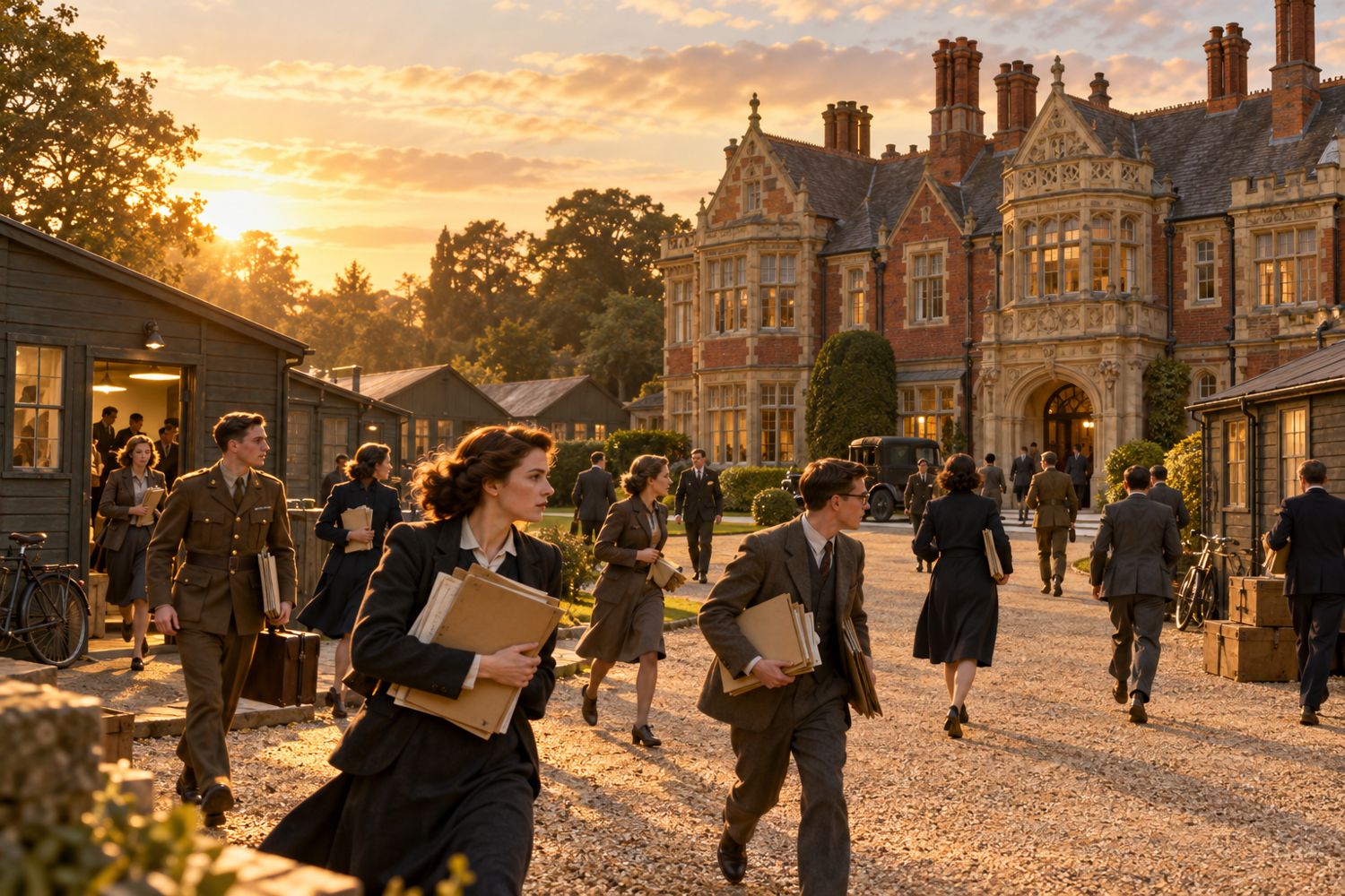 Le manoir de Bletchley Park et ses baraques en bois en 1941.