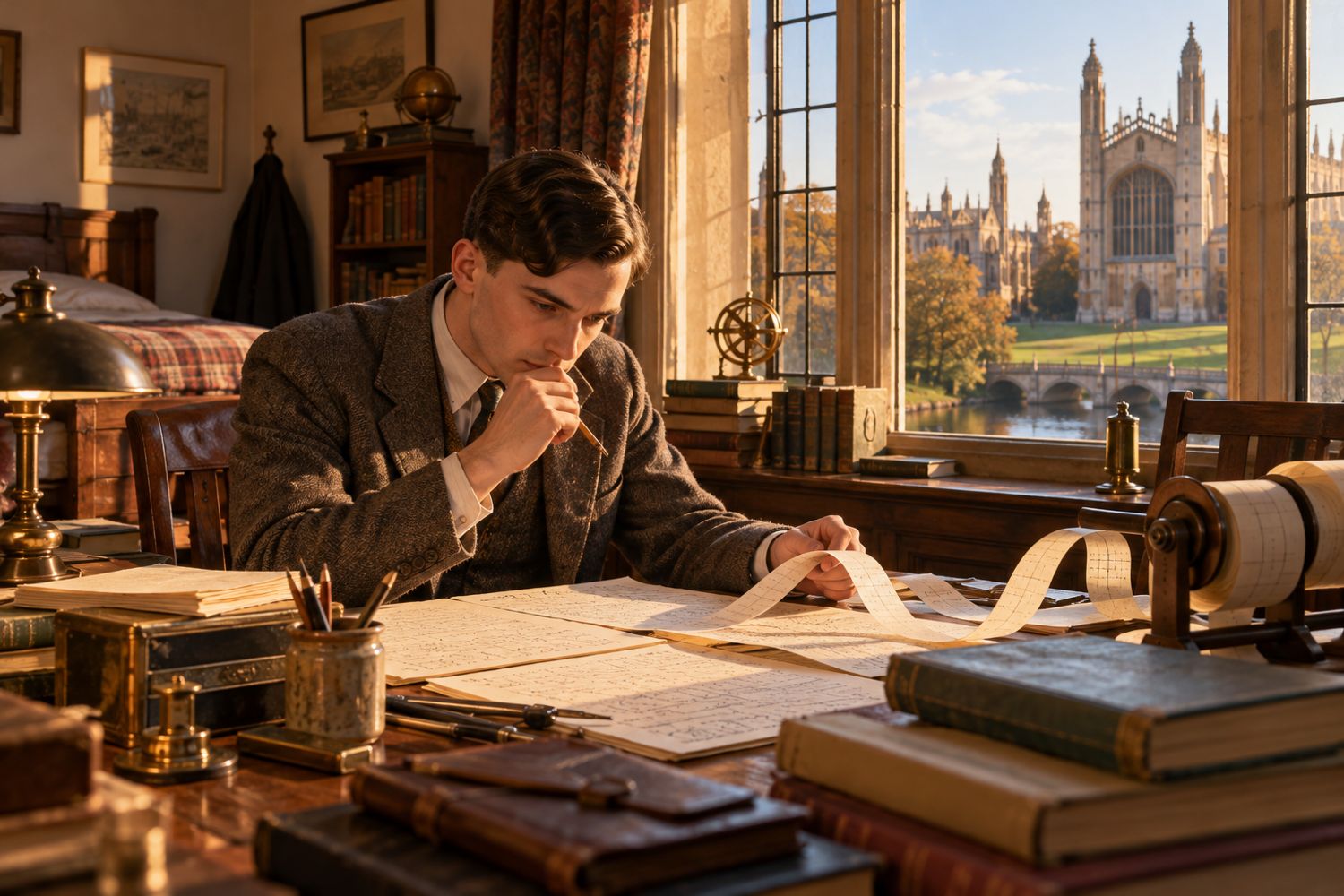 Turing étudiant à Cambridge, devant des feuilles de calcul et un ruban de papier.