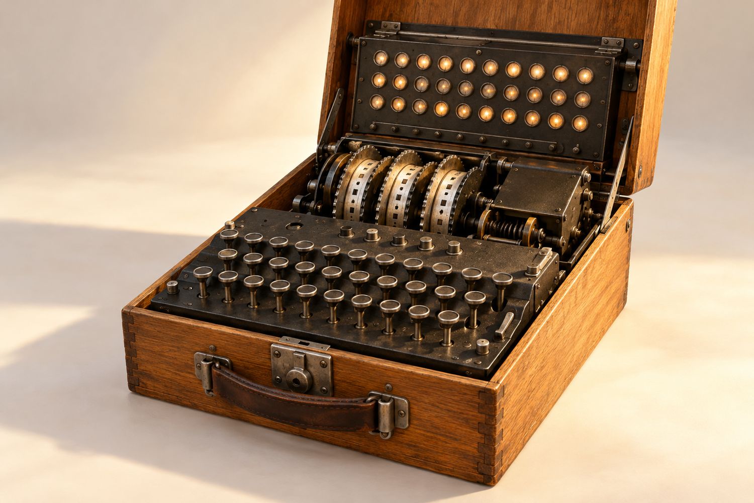 Une machine Enigma ouverte dans sa caisse.