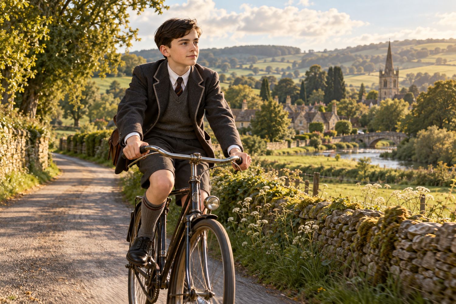 Alan Turing adolescent à vélo sur une route de campagne anglaise.