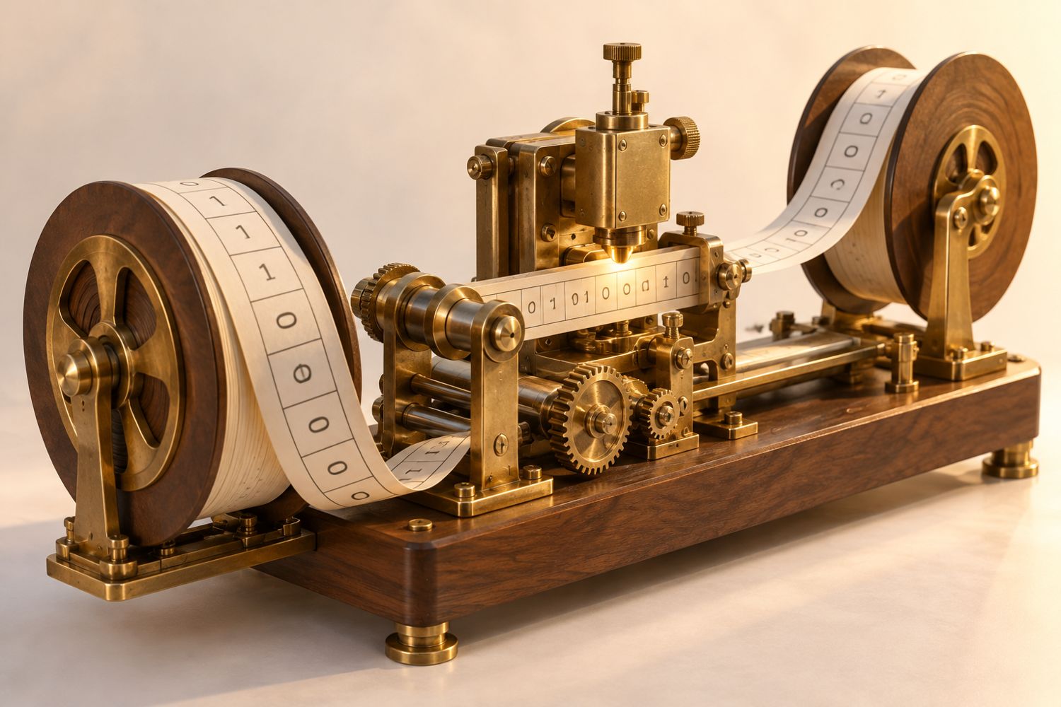 Une machine imaginaire en laiton qui lit un ruban de papier divisé en cases de 0 et de 1.